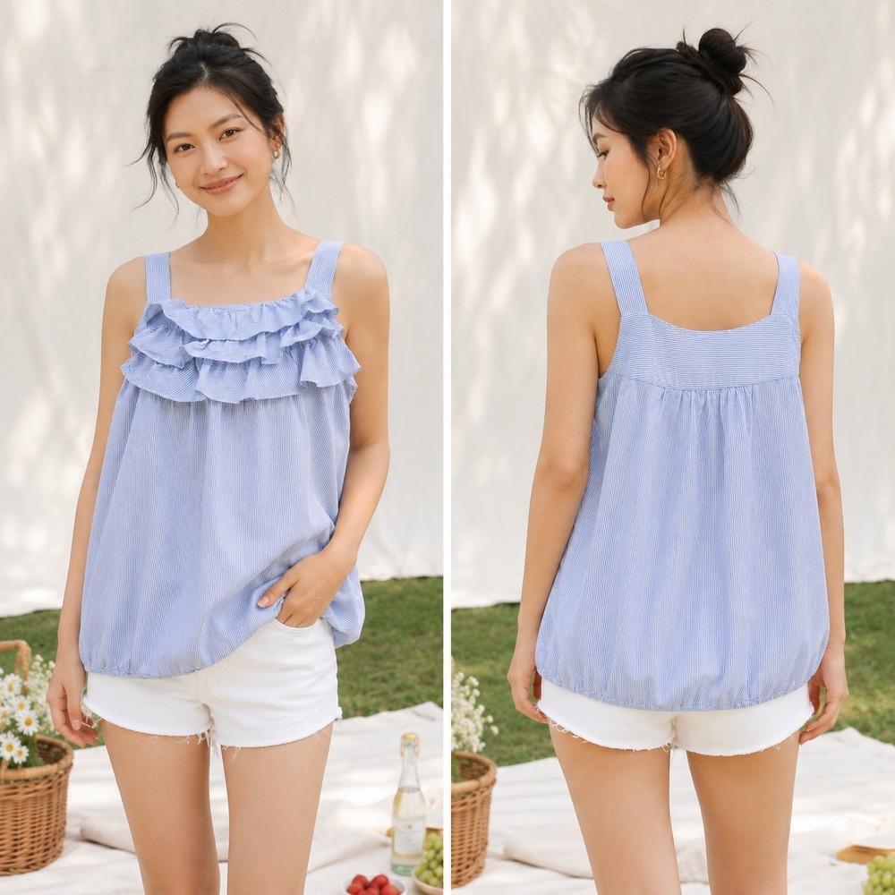 Ann Taylor LOFT XS Feminine Blue White Striped Ruffle Cotton Tank Top Bubble Hem